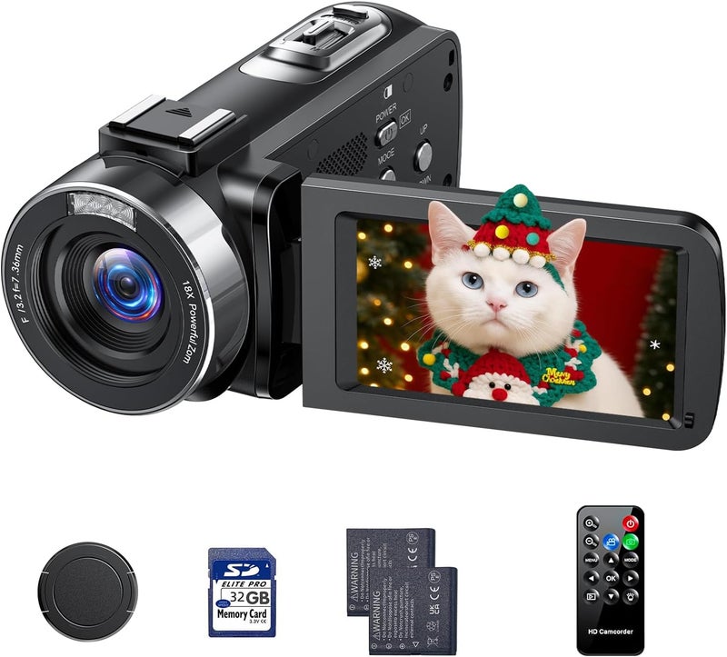 FIREFOTO Camcorder Video Camera, Digital Camera 42MP 4K Camera for Vlogging with 18X Digital Zoom 3” 270° Rotation Screen Cam Corder for YouTube with 2 Batteries, 32GB SD Card, Remote Control - Image 1